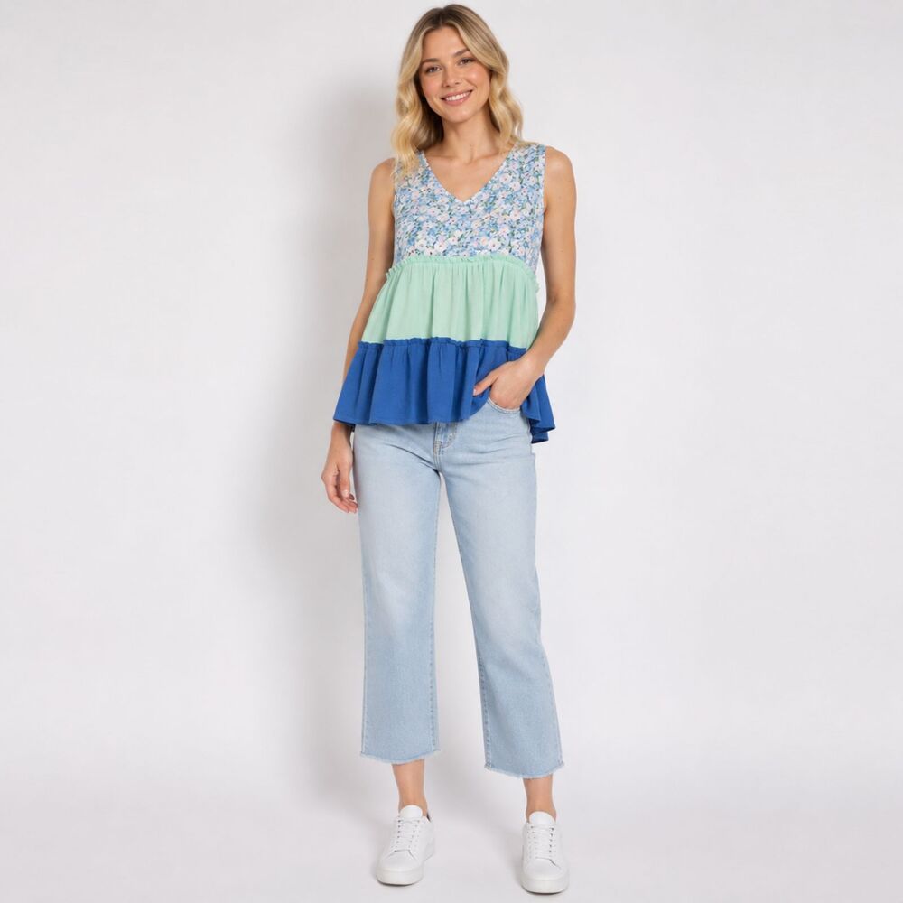 New Gigio M 8 10 Blue Color Block Floral Tiered Sleeveless Rayon Knit Top
